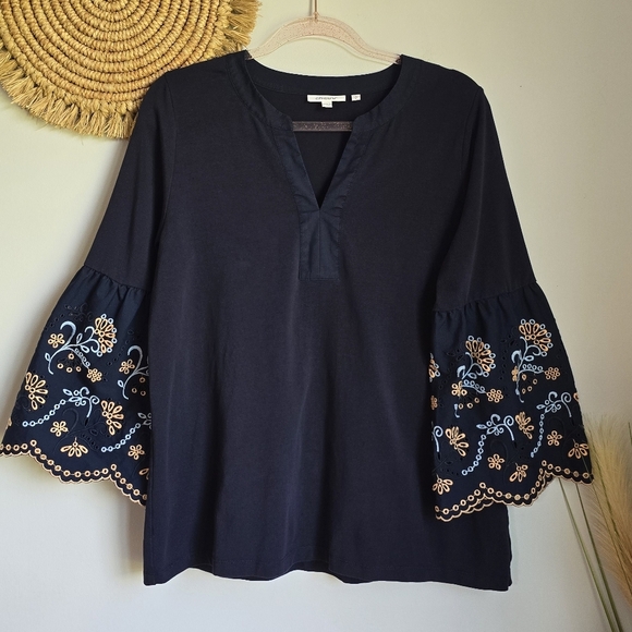 Chico's, Navy Blue Notch Neck Embroidered Eyelet Bell Sleeve Top, Size Large 2 - Picture 9 of 11